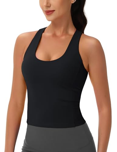 Women's Workout Tank Tops with Built in Bra Athletic Racerback Support Tanks Padded Fitted Yoga Crop Gym Activewear