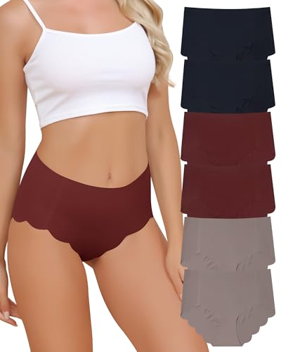 High Waisted Seamless Underwear for Women Full Coverage No-Show Bikini Wave Edge Panties 6 Packs
