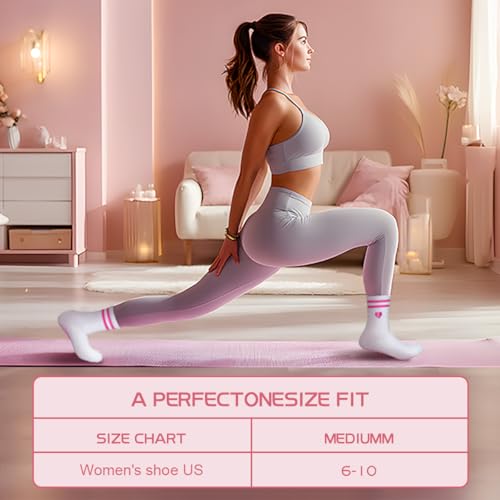 4 Pairs pink Yoga Pilates Socks with Grips for Women, Cute Cuff Embroidery Non Slip, Grippy Crew Socks for Gifts