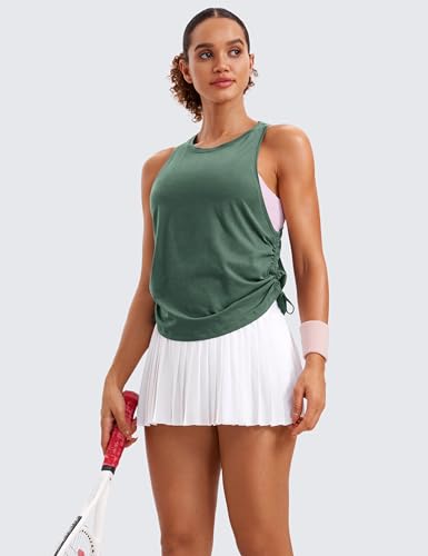 Pima Cotton Women Racerback Sleeveless Workout Tops Crew Neck Ruched Side Tanks Athletic Casual Loose Shirts
