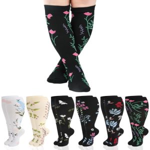 6 Pairs Plus Size Compression Socks for Women Wide Calf Extra Large Knee High Support for Travel Yoga Running Circulation