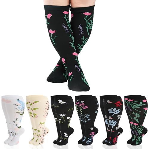 6 Pairs Plus Size Compression Socks for Women Wide Calf Extra Large Knee High Support for Travel Yoga Running Circulation