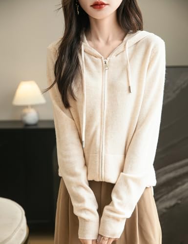 Women's 100% Merino Wool Zip Up Hoodies 2025 Fall Winter Warm Long Sleeve Knit Sweatshirt Cardigan with Pocket