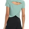 Women Short Sleeve Cross Back Workout Crop Tops Backless Yoga Athletic Gym Shirts