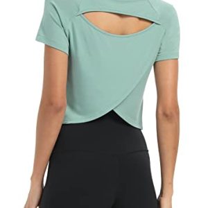 Women Short Sleeve Cross Back Workout Crop Tops Backless Yoga Athletic Gym Shirts