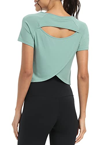 Women Short Sleeve Cross Back Workout Crop Tops Backless Yoga Athletic Gym Shirts