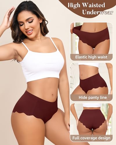 High Waisted Seamless Underwear for Women Full Coverage No-Show Bikini Wave Edge Panties 6 Packs