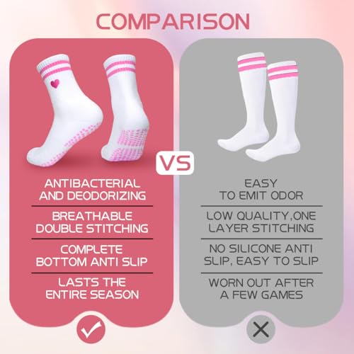 4 Pairs pink Yoga Pilates Socks with Grips for Women, Cute Cuff Embroidery Non Slip, Grippy Crew Socks for Gifts