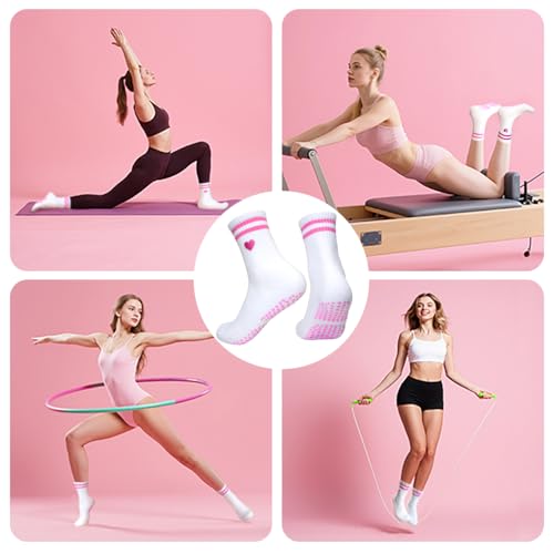 4 Pairs pink Yoga Pilates Socks with Grips for Women, Cute Cuff Embroidery Non Slip, Grippy Crew Socks for Gifts