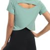 Women Short Sleeve Cross Back Workout Crop Tops Backless Yoga Athletic Gym Shirts
