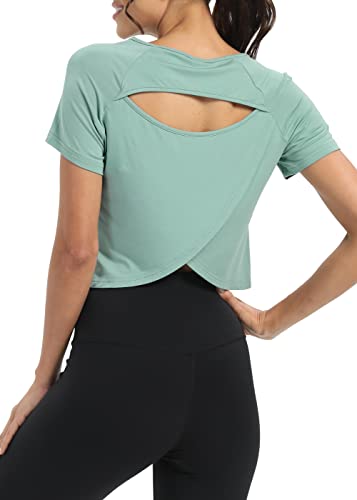 Women Short Sleeve Cross Back Workout Crop Tops Backless Yoga Athletic Gym Shirts