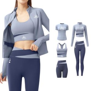 Women Activewear Gymwear Yoga Suit Athleisure Five Piece Set, T-Shirt, Jacket, Sports Bra, Leggings, Running Shorts