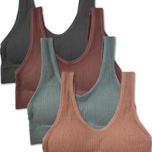 Women's 4 Pack Ribbed Bralette Crop Top Comfort Sports Bra