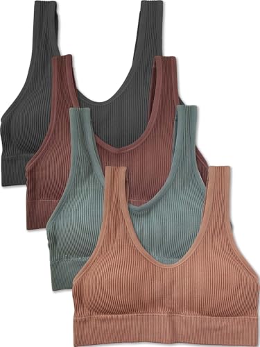 Women's 4 Pack Ribbed Bralette Crop Top Comfort Sports Bra