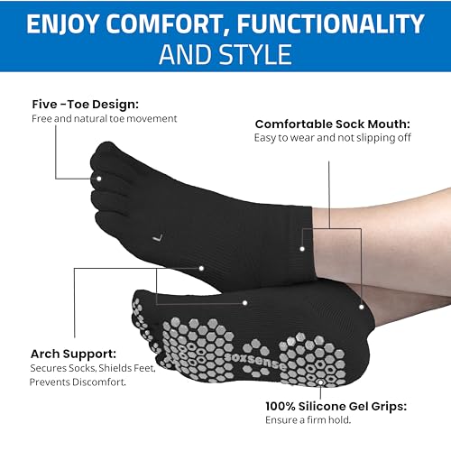 Soxsense Multi-Pack Sports Grip Toe Socks with Cushion, Non-Slip Finger Socks for Pilates, Home Gym, Soccer, basketball