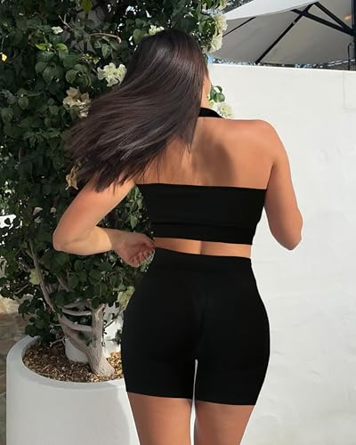 Workout Sets for Women 2 Piece Backless Halter Sports Bra High Waist Booty Shorts Yoga Gym Outfits Lounge Activewear