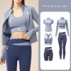 Women Activewear Gymwear Yoga Suit Athleisure Five Piece Set, T-Shirt, Jacket, Sports Bra, Leggings, Running Shorts