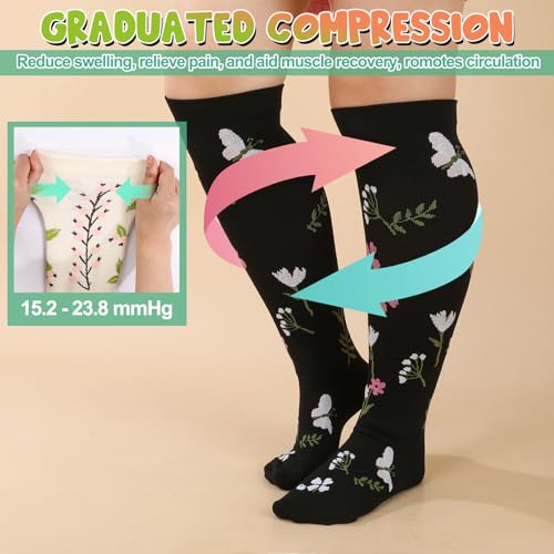 6 Pairs Plus Size Compression Socks for Women Wide Calf Extra Large Knee High Support for Travel Yoga Running Circulation