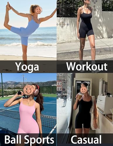 Womens Workout Romper Ribbed Unitard Stretch One Piece Short Jumpsuits Yoga Sleeveless Adjustable Outfits 2024