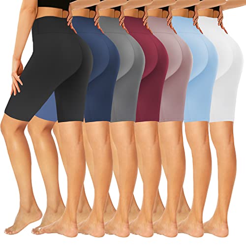 7 Pack High Waisted 5''/8'' Biker Shorts for Women - Buttery Soft Black Workout Yoga Running Spandex Yoga Shorts