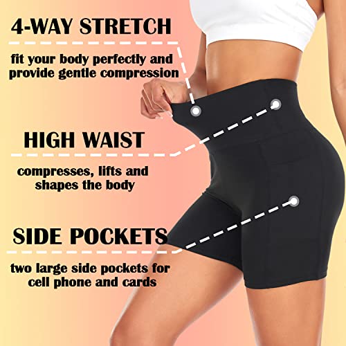 4 Pack Biker Shorts for Women with Pockets – 5" High Waisted Tummy Control Workout Yoga Running Gym Tennis Shorts