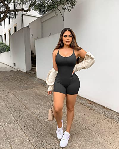 Women Workout Seamless Jumpsuit Yoga Ribbed Bodycon One Piece Spaghetti Strap Shorts Romper