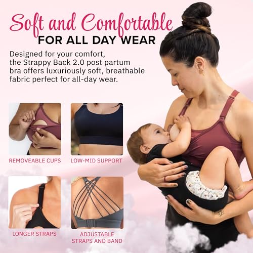 51ohxBS6ojL.jpg Strappy Back Nursing Sports Bra - On-The-Go Comfortable Breastfeeding Bra with Low-Mid Support, Thicker Band